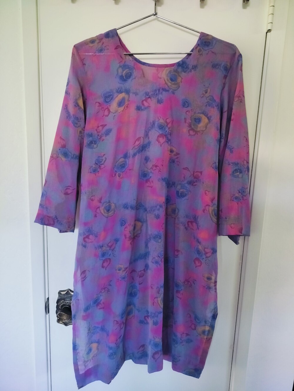 Vintage Watercolor Floral Sheer Tunic Long Kurti SideSlits Purple Pink Chiffon M
